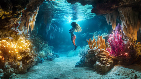 Beautiful mermaid swimming in underwater cave. Underwater world.の写真素材