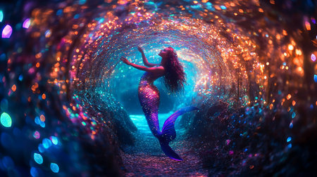 Beautiful mermaid in a tunnel with lights. 3d renderingの素材
