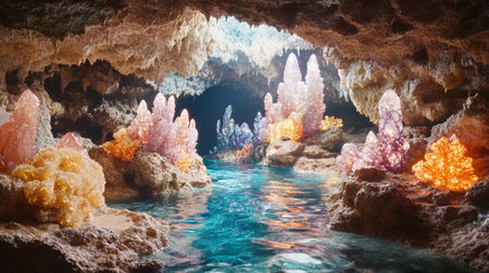 Beautiful underwater cave with stalactites and stalagmitesの写真素材