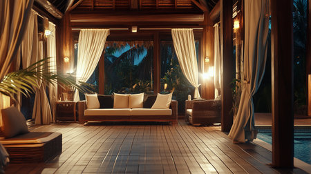 3d rendering of luxury hotel room interior with swimming pool view.の写真素材