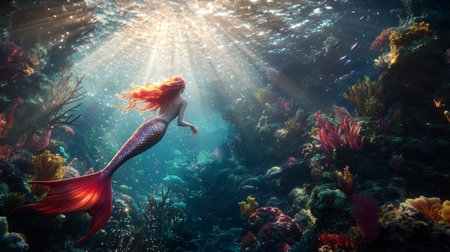 Beautiful mermaid underwater. Underwater world. 3d renderingの写真素材