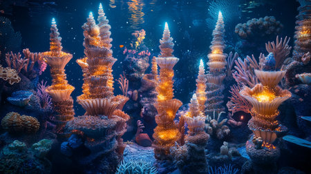Tropical coral reef with glowing light in the deep blue seaの写真素材