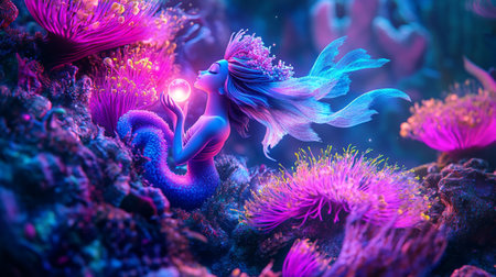 Beautiful underwater world with corals and tropical fish. 3d renderingの写真素材