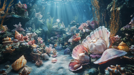Underwater world with corals and tropical fish. 3d renderingの写真素材