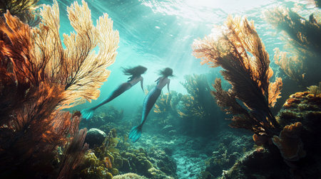 Underwater view of two beautiful mermaids swimming over colorful coral reefの素材