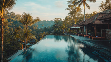 Swimming pool in luxury hotel resort with palm trees - Vintage Filterの写真素材