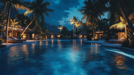 Swimming pool of luxury hotel with palm trees at night. Panoramaの写真素材