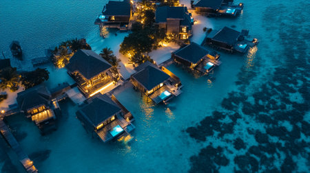 Aerial view of beautiful tropical island with water bungalows at nightの写真素材