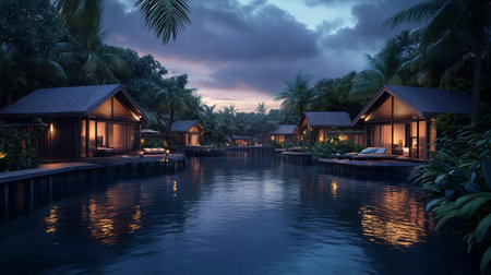 Beautiful villas on the river at night. 3d renderingの素材