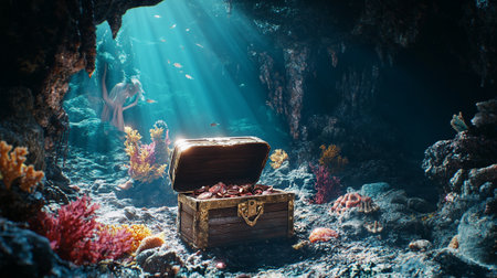 Treasure chest in the underwater cave with corals and sunlight.の写真素材
