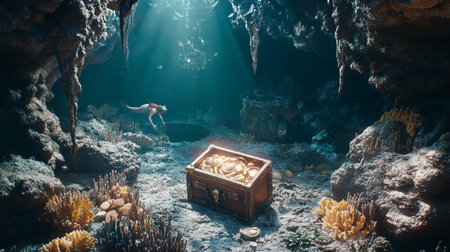 Underwater view of the underwater world with a man diving in a treasure chestの写真素材