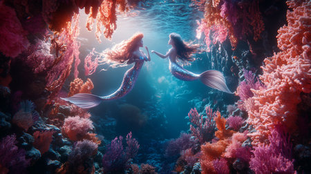 Beautiful mermaids swimming in the underwater world. Underwater scene.の写真素材