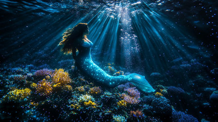 Beautiful mermaid swimming underwater in a coral reef. Underwater photography.の写真素材