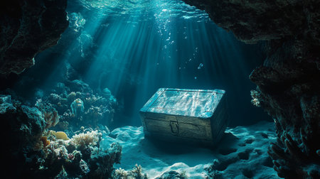 Wooden treasure chest on coral reef with rays of light coming throughの写真素材