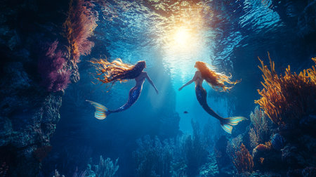 Two beautiful mermaids swimming in the deep blue sea. Underwater world.の写真素材
