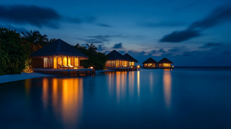 Bungalows on the beach in the evening, Maldivesの写真素材