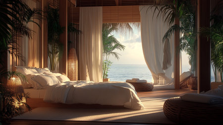 3D rendering of a tropical hotel bedroom with palm trees and sea viewの写真素材