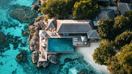 Aerial view of luxury villa with swimming pool in tropical Maldives islandの写真素材