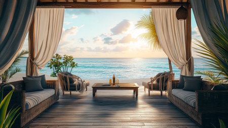 Wooden terrace with sea view at sunset. 3d renderingの写真素材