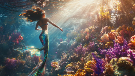 Beautiful mermaid underwater over coral reef. 3d rendering.の写真素材