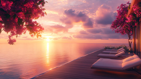 Sunset on the beach with chaise lounges and flowersの写真素材