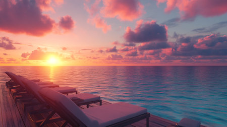 Beautiful sunset over the sea with deck chairs. 3d renderingの写真素材