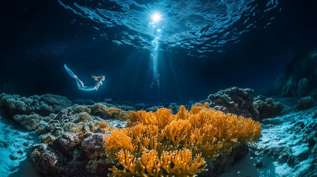 Underwater view of a man swimming on a coral reef with sunlightの写真素材