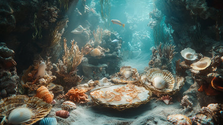 Underwater view of coral reef with sea shells and corals.の写真素材
