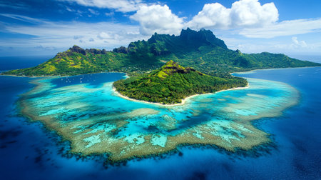 Aerial view of tropical island with coral reef and blue lagoonの写真素材