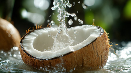 Coconut with splashing water on black background, close upの写真素材