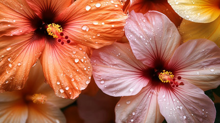 Beautiful hibiscus flowers with raindrops, closeupの写真素材