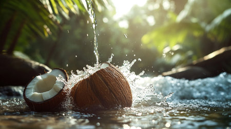 Coconut water splash on nature background. Close up of fresh coconutsの写真素材