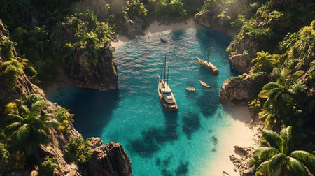 Aerial view of tropical island with turquoise water and boatsの素材