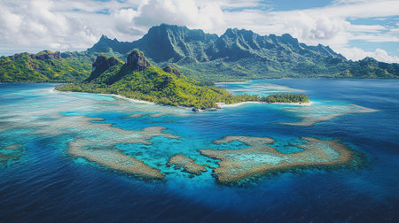 Panoramic aerial view of tropical island with turquoise water and coral reefの写真素材