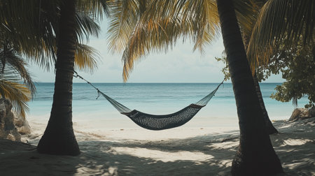 Hammock on a tropical beach with palm trees and sea backgroundの素材