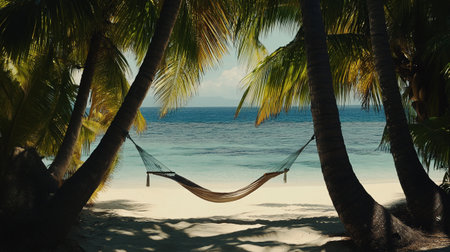 Relaxing in hammock on a tropical beach with palm treesの写真素材