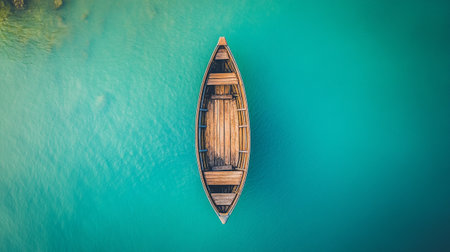 Aerial view of wooden boat in turquoise sea water.の素材