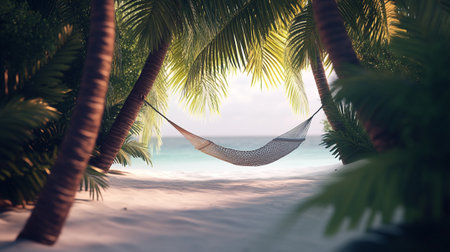 Hammock on the sandy beach surrounded by palm trees and sandの写真素材