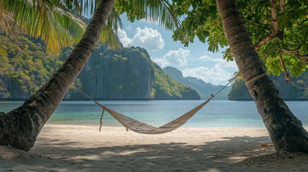 Hammock on a tropical beach in El Nido, Palawan, Philippinesの写真素材