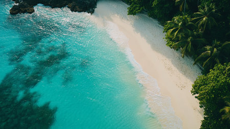 Aerial view of beautiful beach with white sand and turquoise oceanの素材
