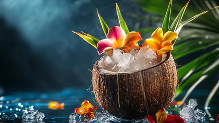 Coconut cocktail with tropical flowers and ice cubes on dark backgroundの写真素材