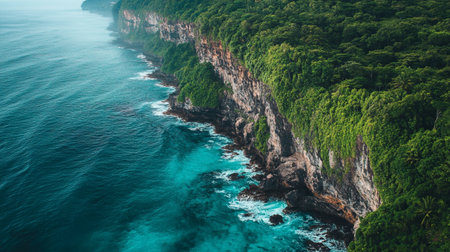 Aerial view of beautiful tropical beach with turquoise water and cliffの写真素材