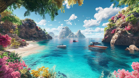 Tropical island with beautiful beach and boats. 3d renderの素材