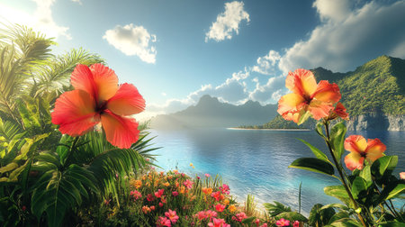 Hibiscus flowers on the background of the sea and mountainsの写真素材