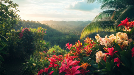 Tropical flower garden in the morning. Nature landscape background.の写真素材