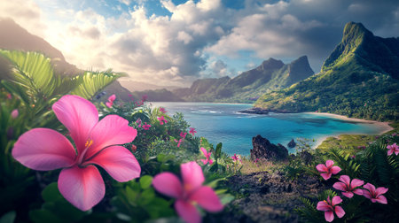 Tropical island with hibiscus flowers at sunset.の写真素材