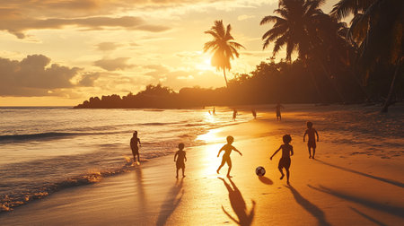 Children playing soccer on the beach at sunset in the tropics.の写真素材