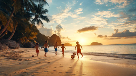 Children playing soccer on tropical beach at sunset. Kids having fun on summer vacation.の写真素材