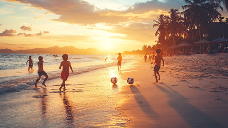Group of kids playing soccer on the beach at sunset time. Concept of healthy lifestyleの写真素材