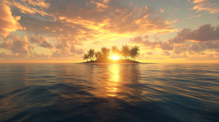 beautiful island with palm trees and sunset. 3d render illustrationの写真素材